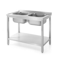 Stôl s 2 drezmi, s poličkou – skrutkový, HENDI, Kitchen Line, 1000x700x(H)850mm