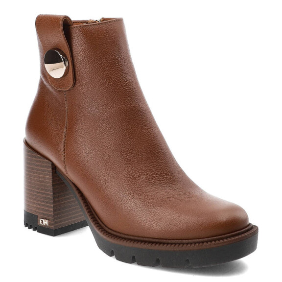 Brązowe Botki Chebello Eleganckie Skórzane Buty Na Obcasie