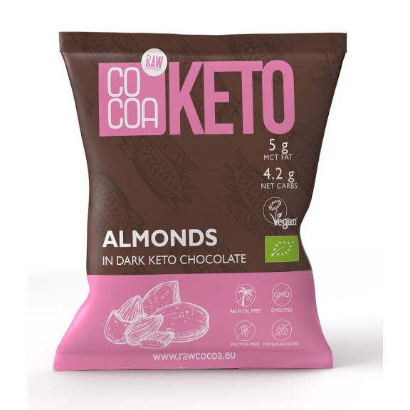 Migdale acoperite cu ciocolată Keto cu ulei de mct fără zahăr adăugat BIO 70 g - Cacao
