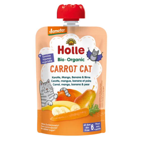 Mousse de morcovi pentru pisici (morcov - mango - banană - pară) fără adaos de zaharuri de la 6 luni Demeter BIO 100 g - Holle