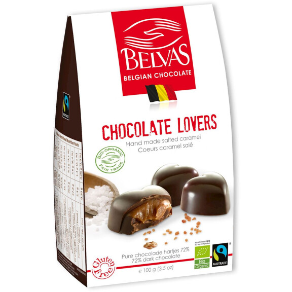 Ciocolată belgiană Inimi de ciocolată cu caramel și sare de mare Fair Trade Fără gluten Bio 100 g