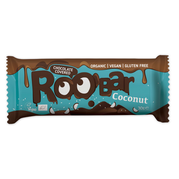 Baton de nucă de cocos cu acoperire de ciocolată neagră fără gluten BIO 30 g - Roobar