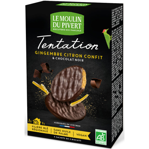 Biscuiți cu ghimbir și lămâie în ciocolată neagră bio 130 g - Le Moulin du Pivert