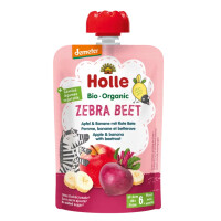 Mousse de sfeclă Zebra într-un tub (măr - banană - sfeclă) fără zaharuri adăugate de la 6 luni Demeter BIO 100 g - Holle