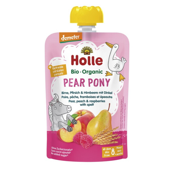 Mousse de piersici (pere - piersici - zmeură - spelta) fără adaos de zaharuri din 8 luni Demeter BIO 100 g - Holle