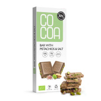 Baton de ciocolată albă cu fistic și sare 60 % mai puțin zahăr bio 40 g - COCOA