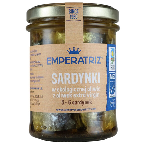 Sardine europene în ulei de măsline bio extravirgin 190 g (133 g) (borcan) - Emperatriz