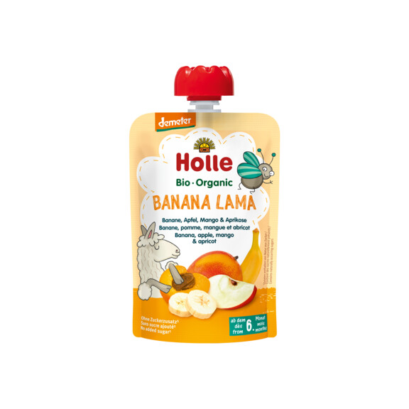 Mousse de banane - mere - mango - caise într-un tub fără adaos de zaharuri de la 6 luni Demeter BIO 100 g - Holle