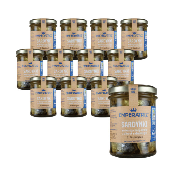 PACHET 12 x Sardine europene în ulei de măsline bio extravirgin 190 g (133 g) (borcan) - Emperatriz