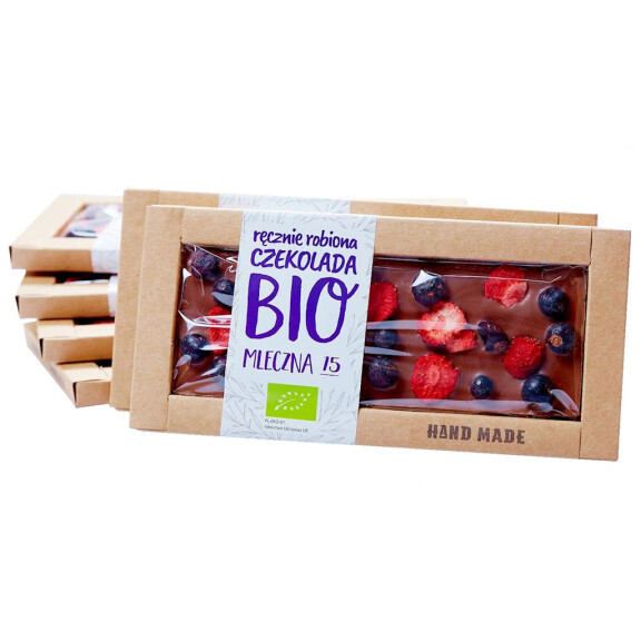 Ciocolată cu lapte cu coacăze negre și căpșuni BIO 53 g