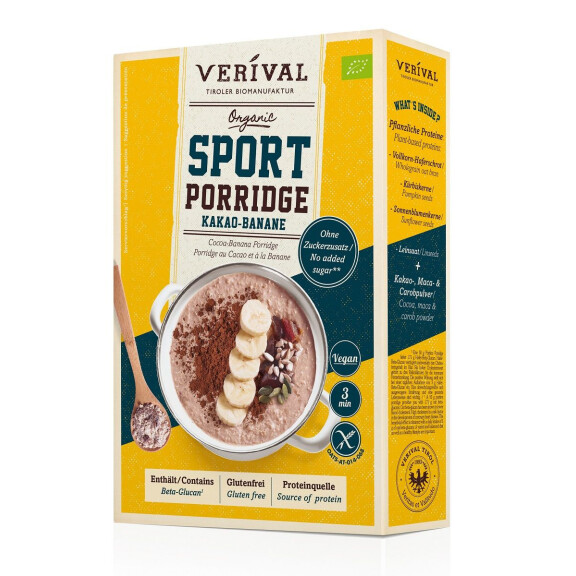 Fulgii de ovăz sport cu cacao și banane fără adaos de zahăr BIO fără gluten 350 g - Verival