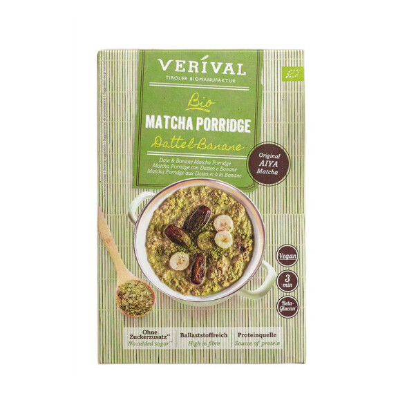 Fulgi de ovăz cu fibre, curmale, banane și matcha fără zaharuri adăugate bio 350 g - VERIVAL