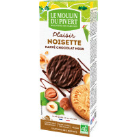 Biscuiți cu alune acoperiți cu ciocolată neagră bio 130 g - Le Moulin du Pivert