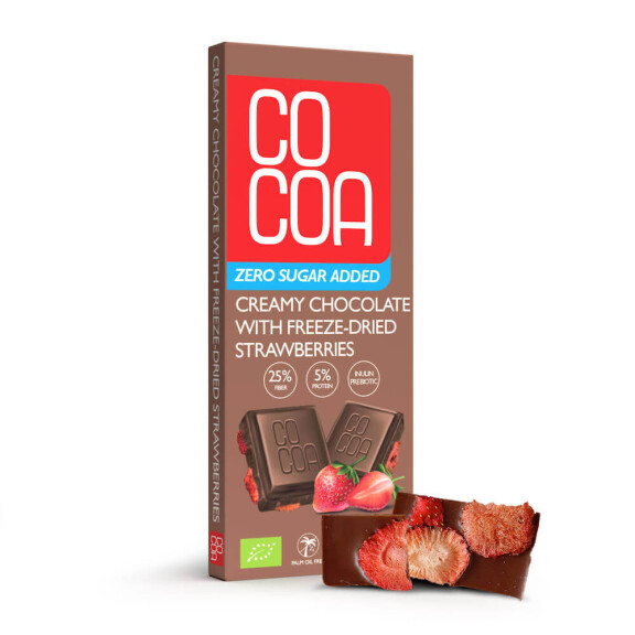 Ciocolată cremoasă cu căpșuni fără zahăr adăugat bio 40 g - COCOA
