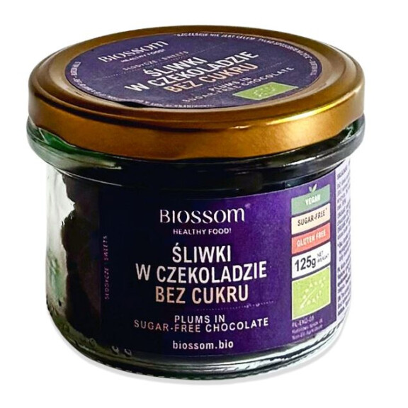Prune californiene în ciocolată fără zahăr adăugat fără gluten bio 125 g - BIOSSOM