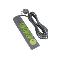 Przedłużacz 3 Gn. Z "0" Z Wył. 3M 1,5Mm2 Gniazdo Usb A + Usb C Szaro-Zielony - Ecoline