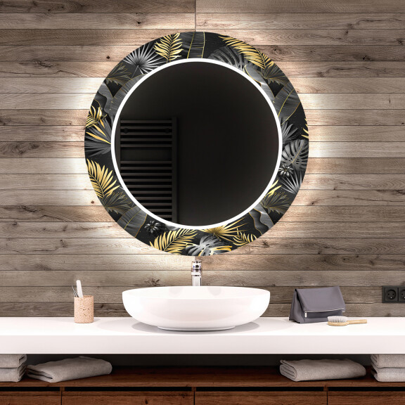 Round Decorative Mirror With LED Lighting For The Bathroom - Goldy Palm