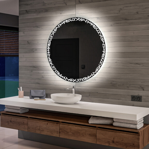 Battery operated round Illuminated bathroom wall mirrors L115