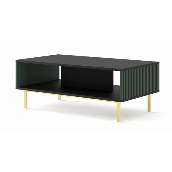 Stolik kawowy Ravenna F 90x60cm frez MDF malowany z ramą, czarny mat / zieleń - nogi złote metalowe proste