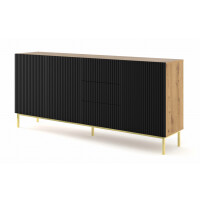 Komoda z szufladami Ravenna B 3D3S 200cm, frez MDF folia z ramą, dąb artisan / czarny mat - nogi metalowe złote