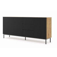Komoda z szufladami Ravenna B 3D3S 200cm, frez MDF folia z ramą, dąb artisan / czarny mat - nogi metalowe czarne