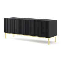 Szafka RTV Ravenna B 150cm 3D, frez MDF folia z ramą, czarny mat - nogi metalowe złote