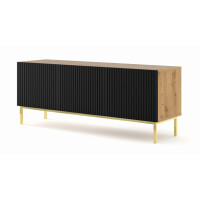 Szafka RTV Ravenna B 150cm 3D, frez MDF folia z ramą, dąb artisan / czarny mat - nogi metalowe złote