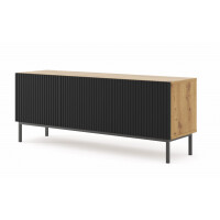 Szafka RTV Ravenna B 150cm 3D, frez MDF folia z ramą, dąb artisan / czarny mat - nogi metalowe czarne