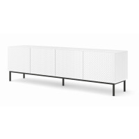 Szafka RTV Ravenna C 200cm 4D, frez MDF Diament z ramą, biały mat / biały połysk - nogi metalowe czarne