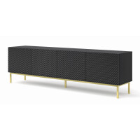 Szafka RTV Ravenna C 200cm 4D, frez MDF Diament z ramą, czarny mat / czarny połysk - nogi metalowe złote