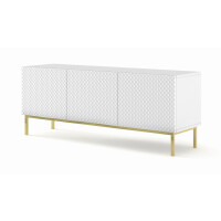Szafka RTV Ravenna C 150cm 3D, frez MDF Diament z ramą, biały mat / biały połysk - nogi metalowe złote