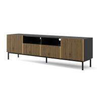 Szafka RTV Ravenna F 200cm 2D2S, frez MDF malowany z ramą, czarny mat / dąb artisan - nogi metalowe czarne