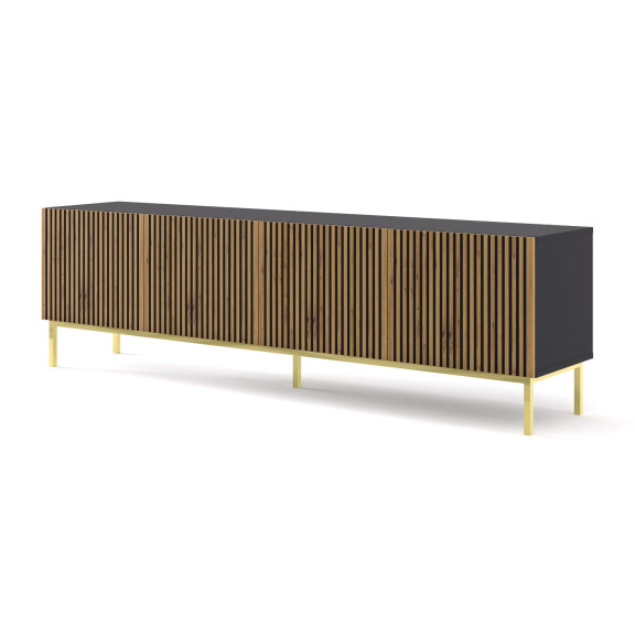 Szafka RTV Ravenna F 200cm 4D, frez MDF malowany z ramą, czarny mat / dąb artisan - nogi metalowe złote