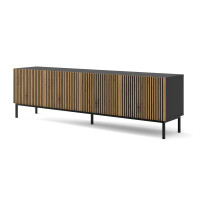 Szafka RTV Ravenna F 200cm 4D, frez MDF malowany z ramą, czarny mat / dąb artisan - nogi metalowe czarne