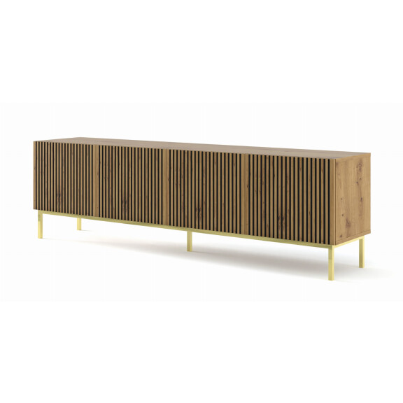 Szafka RTV Ravenna F 200cm 4D, frez MDF malowany z ramą, dąb artisan - nogi metalowe złote