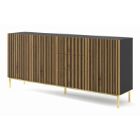 Komoda z szufladami Ravenna F 3D3S 200cm, frez MDF malowany z ramą, czarny mat / dąb artisan - nogi metalowe złote