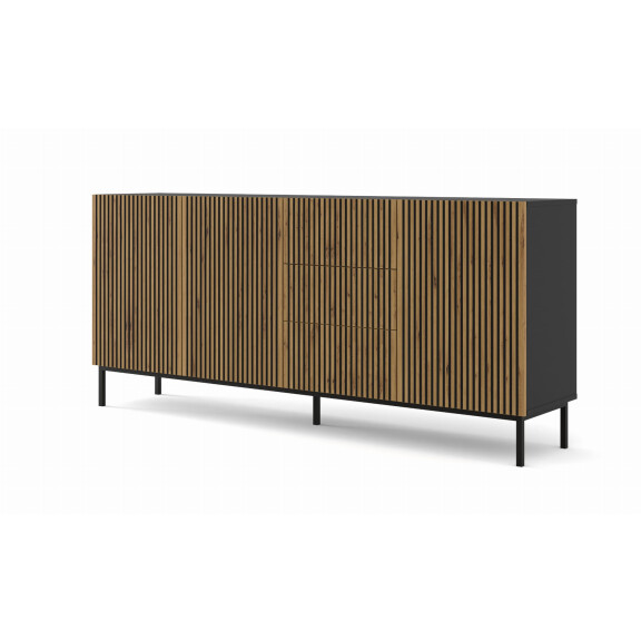 Komoda z szufladami Ravenna F 3D3S 200cm, frez MDF malowany z ramą, czarny mat / dąb artisan - nogi metalowe czarne