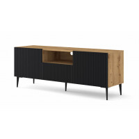 Szafka RTV Ravenna PB 2D1S 150cm, dąb artisan / czarny mat - nogi metalowe czarne szpilka