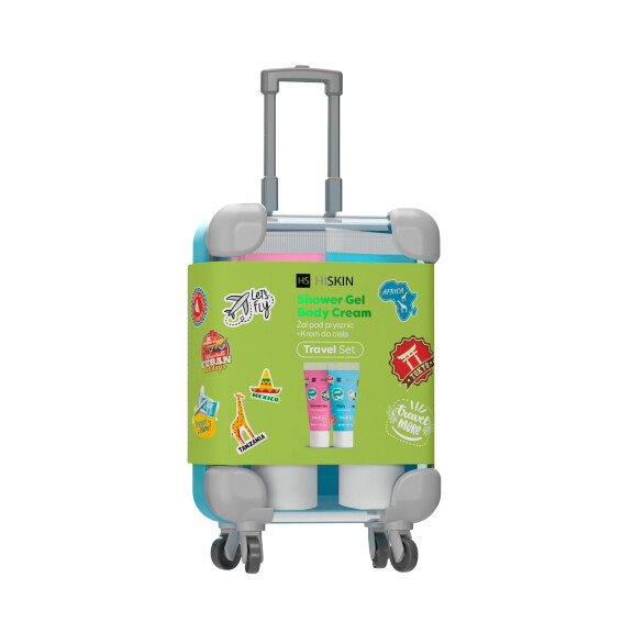 HISKIN TRAVEL SET Wakacyjna walizka w zestawie mini żel pod prysznic 30ml + lotion do ciała 30ml