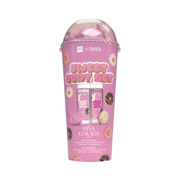 HISKIN BODY SWEET SET Zestaw kąpielowy w tubie żel do mycia ciała 100ml+balsam do ciała 100ml+myjka+kula 15g
