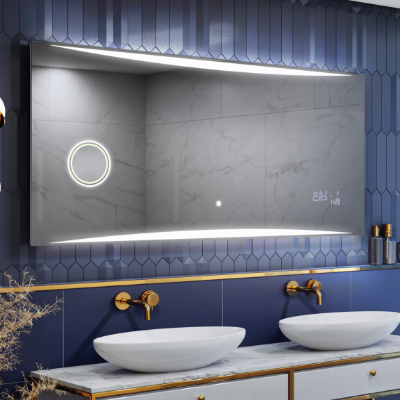 Moderne zrkadlo do kupelne s LED SlimLine L78 zavesenie zrkadla na stenu s Bluetooth reproduktor, Dotykové hodinky
