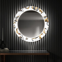 Redondo espejos modernos decorativos grande pared con luz LED - golden flowers
