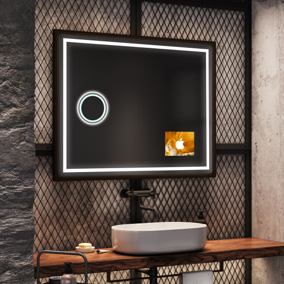 Rectangular espejo LED con marco de rustico madera - FrameLine L49 con bluetooth, reloj táctil, espejo cosmético moderno e iluminado LED