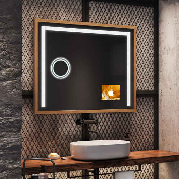 Rectangular espejo LED con marco de rustico madera - FrameLine L11 con bluetooth, reloj táctil, espejo cosmético moderno e iluminado LED