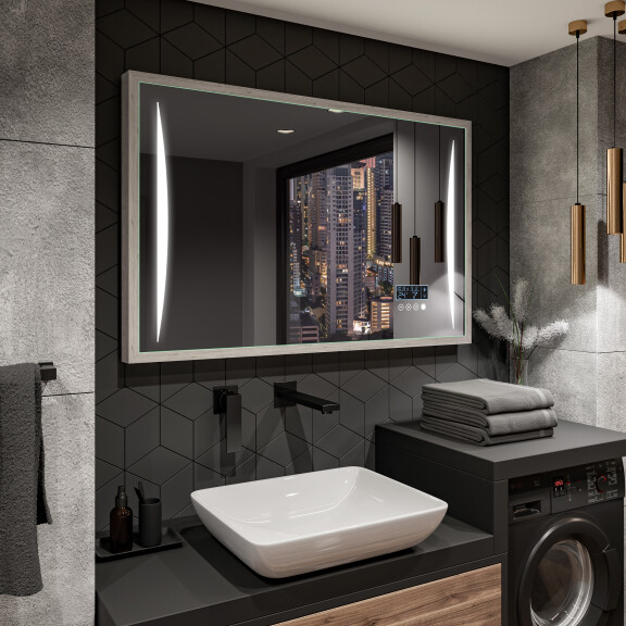 Marco espejos a medida modernos baño con LED - FrameLine L135 con reloj táctil