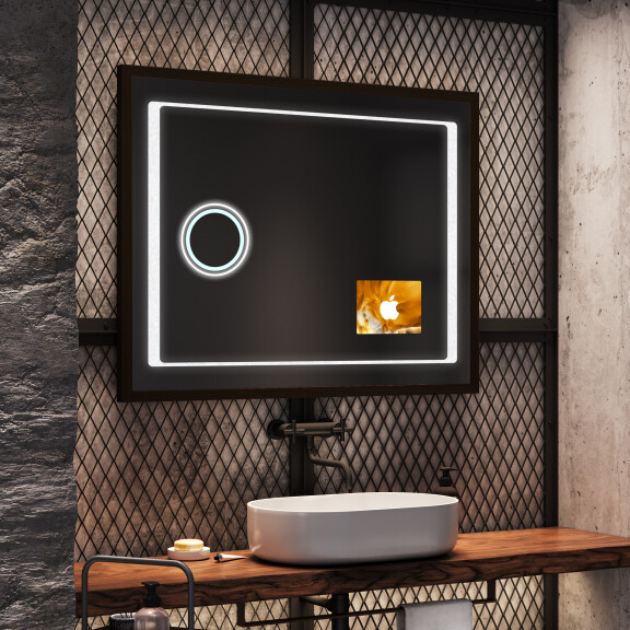 Oglinda cu LED cu rama de lemn FrameLine L61 oglinda baie cu rama alba cu Stația meteo WI-Fi, Difuzor Bluetooth