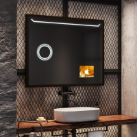 Oglinda cu LED cu rama de lemn FrameLine L128 oglinda baie cu rama alba cu Stația meteo WI-Fi, Difuzor Bluetooth