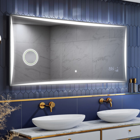 makeup spejl med lys L77 SlimLine til badeværelse med Kosmetisk spejl, LCD-panel, Bluetooth-højttalere