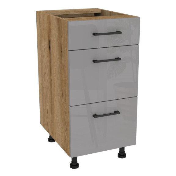 Szafka stojąca z trzema szufladami Modern cichy domyk VERSO 40 cm dąb evoke/akryl szary połysk 