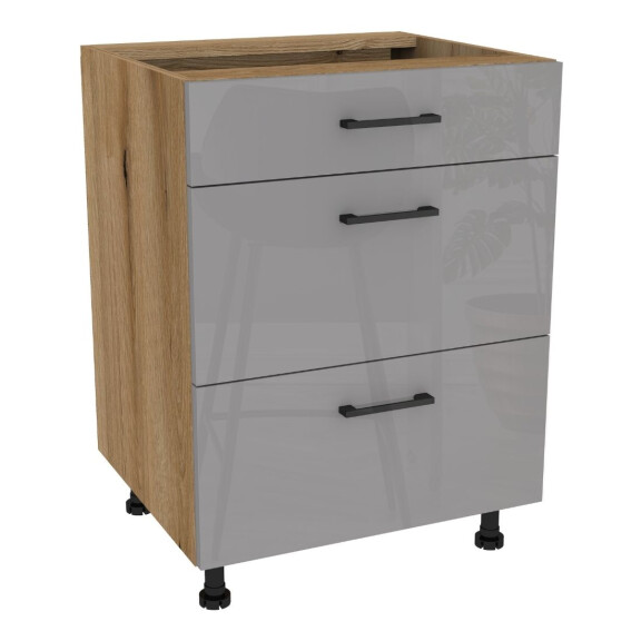 Szafka stojąca z trzema szufladami Modern cichy domyk VERSO 60 cm dąb evoke/akryl szary połysk 